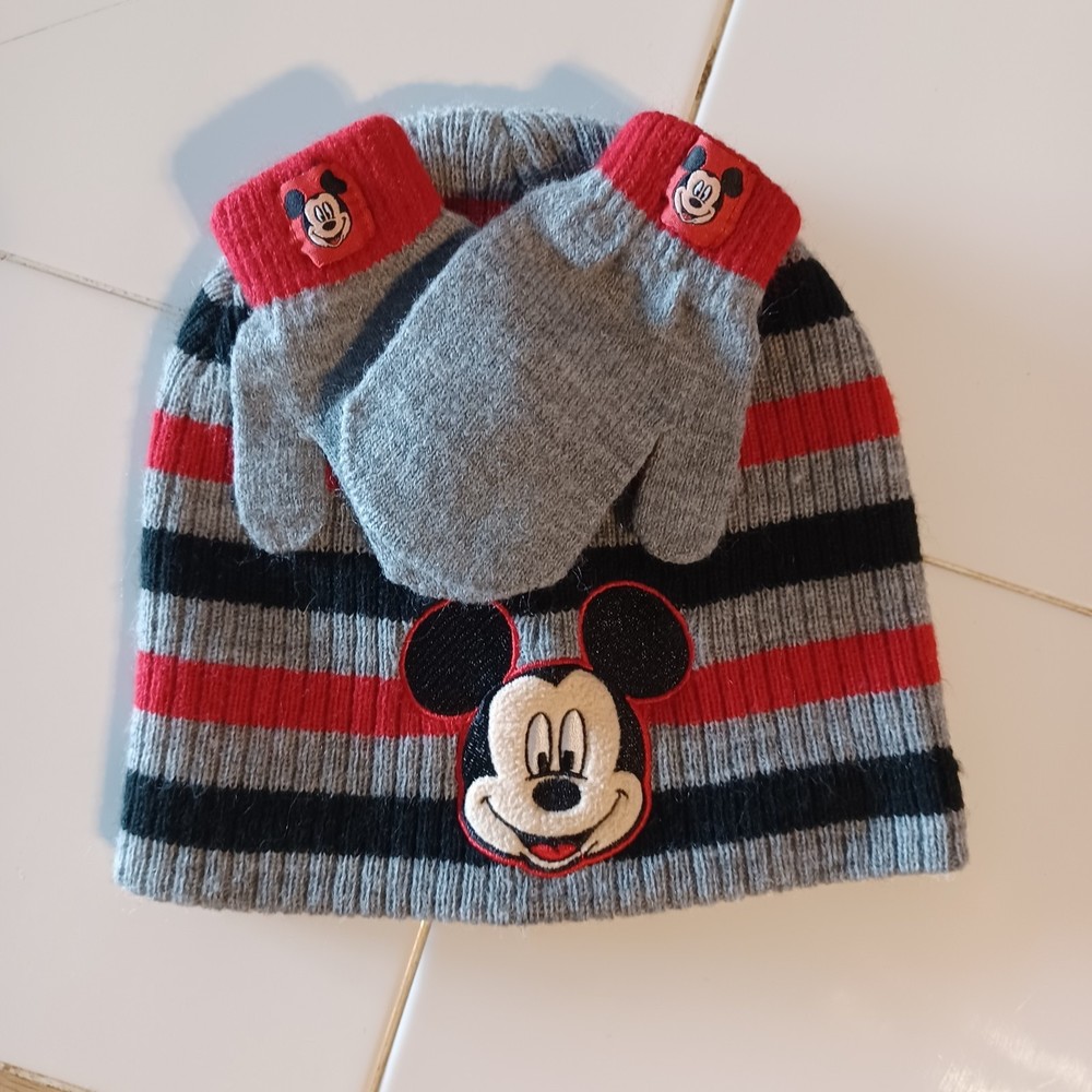 Disney Mickey Mouse Kids Beanie and Mittens Set, Gray, Red, Black